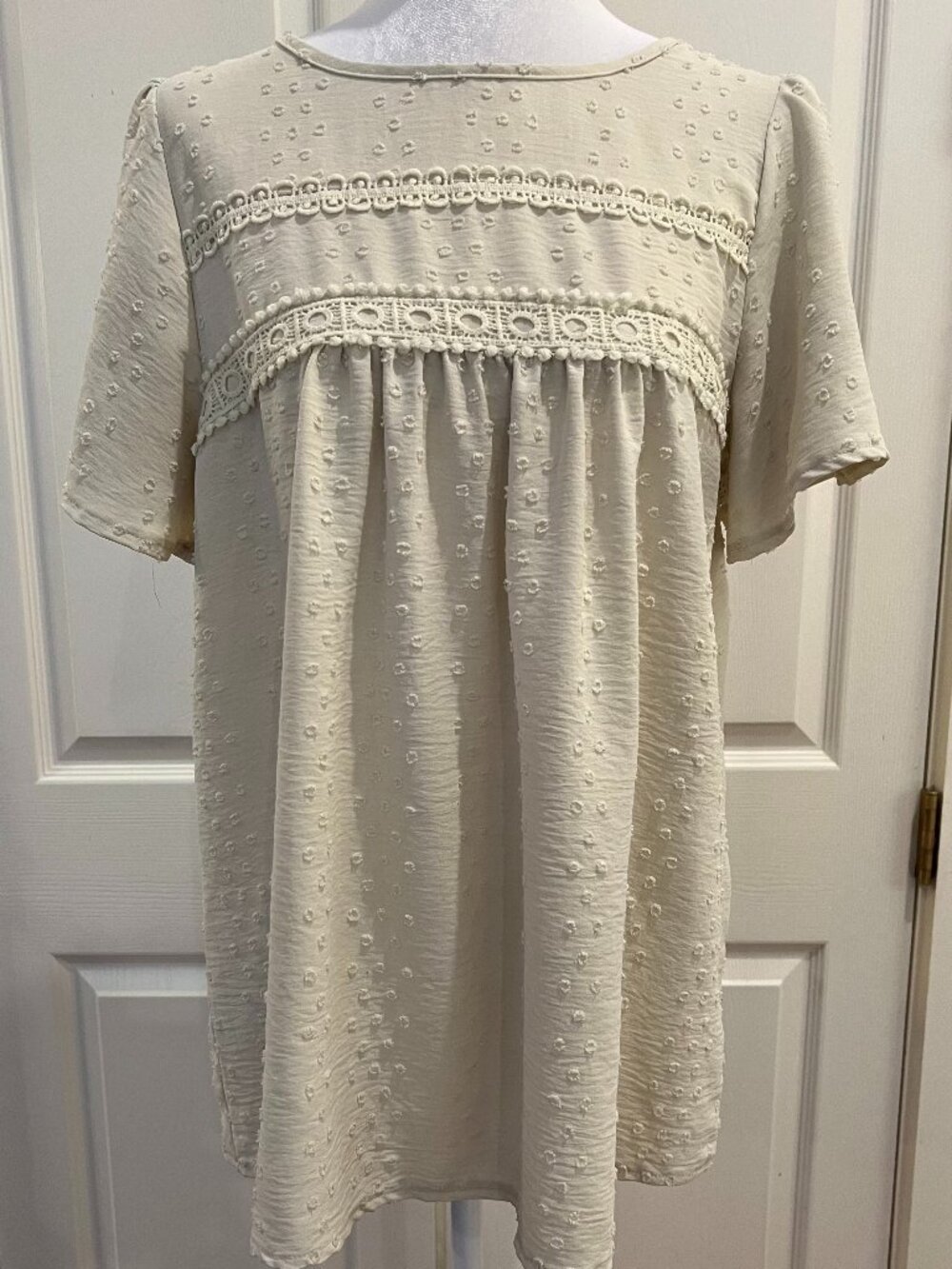 Falechay Ivory Swiss Dot Crochet Lace Boho Blouse Size M